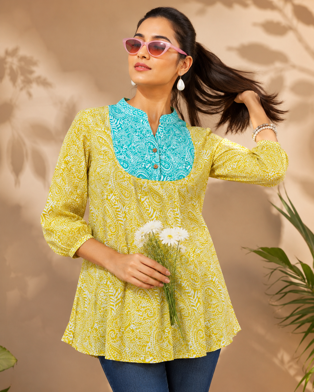 Paisley Print Kurti (Short) Teal & Gold Paisley Contrast Kurti | Miss Kapachi