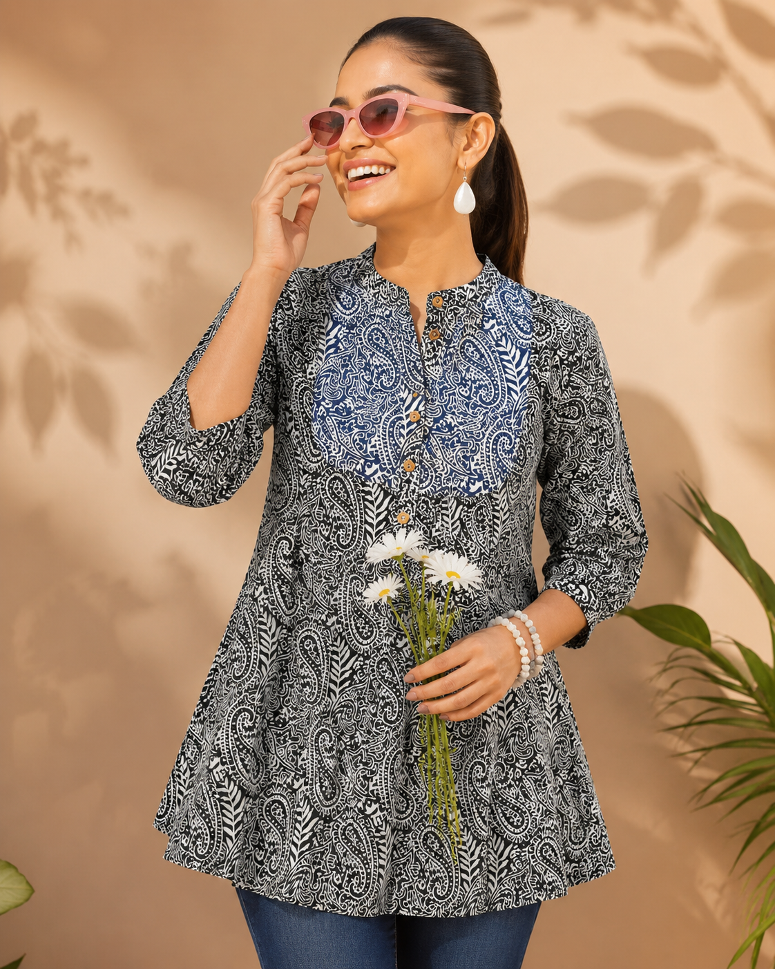 Paisley Print Kurti (Short) Teal & Gold Paisley Contrast Kurti | Miss Kapachi