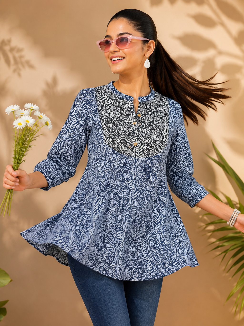 Paisley Print Kurti (Short) Teal & Gold Paisley Contrast Kurti | Miss Kapachi