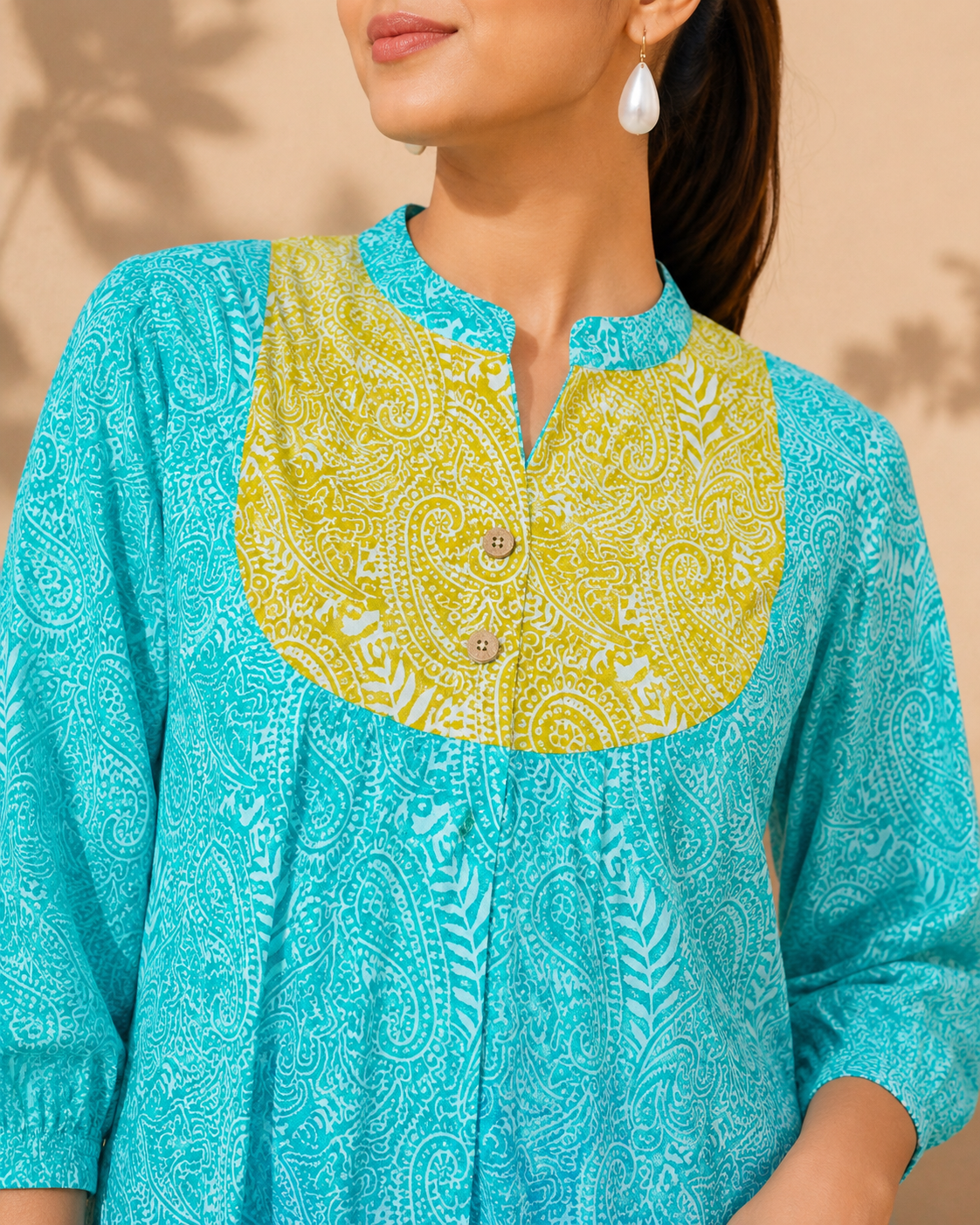 Paisley Print Kurti (Short) Teal & Gold Paisley Contrast Kurti | Miss Kapachi