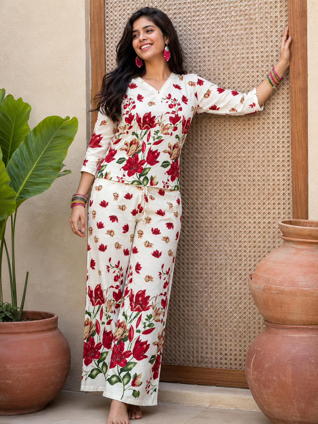 Cream Floral Print Co-ord Set Ivory Violet Bloom Co-ord Set | Miss Kapachi