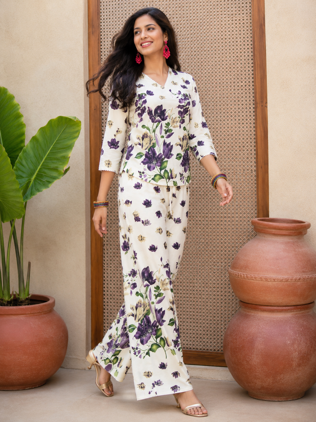 Cream Floral Print Co-ord Set Ivory Violet Bloom Co-ord Set | Miss Kapachi