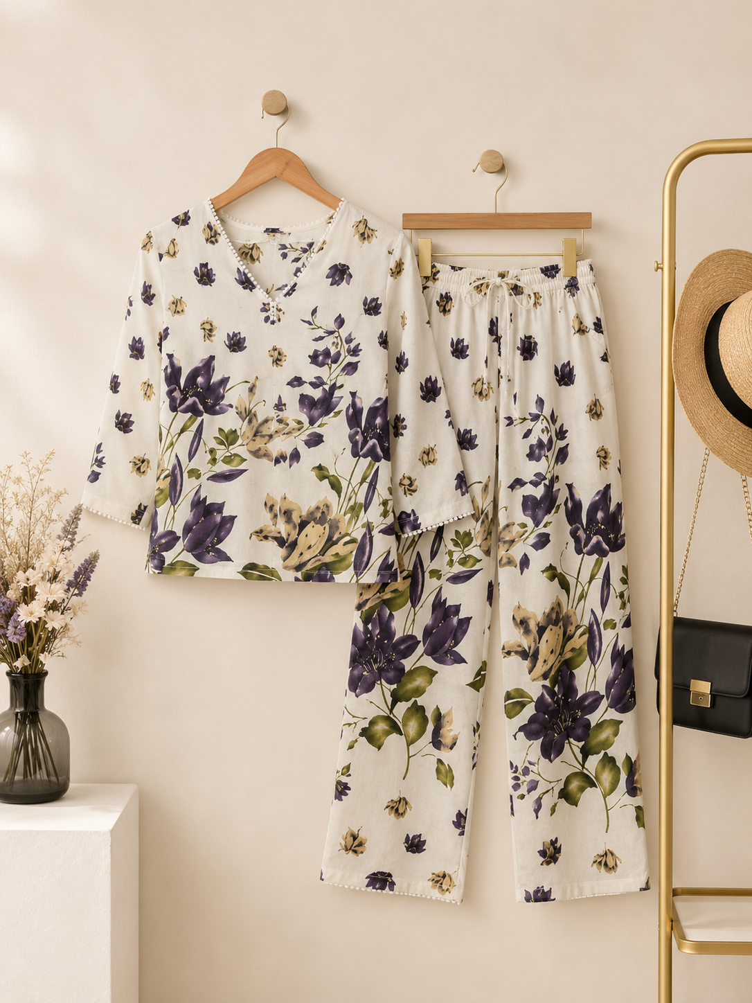 Cream Floral Print Co-ord Set Ivory Violet Bloom Co-ord Set | Miss Kapachi