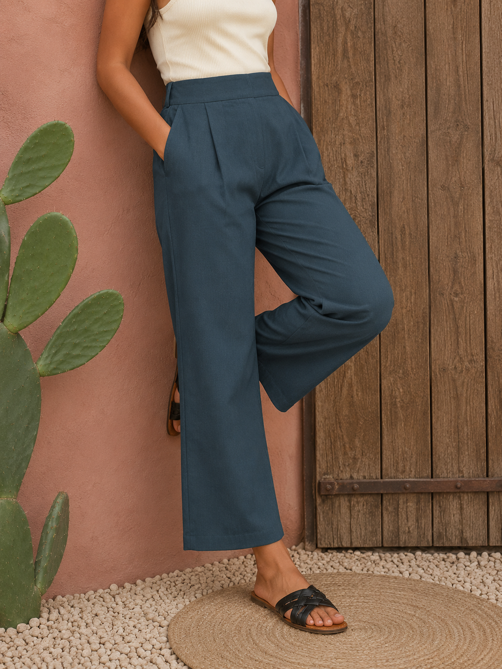 Wide-Leg Trousers Crimson Linen-Look High-Waist Trousers | Miss Kapachi