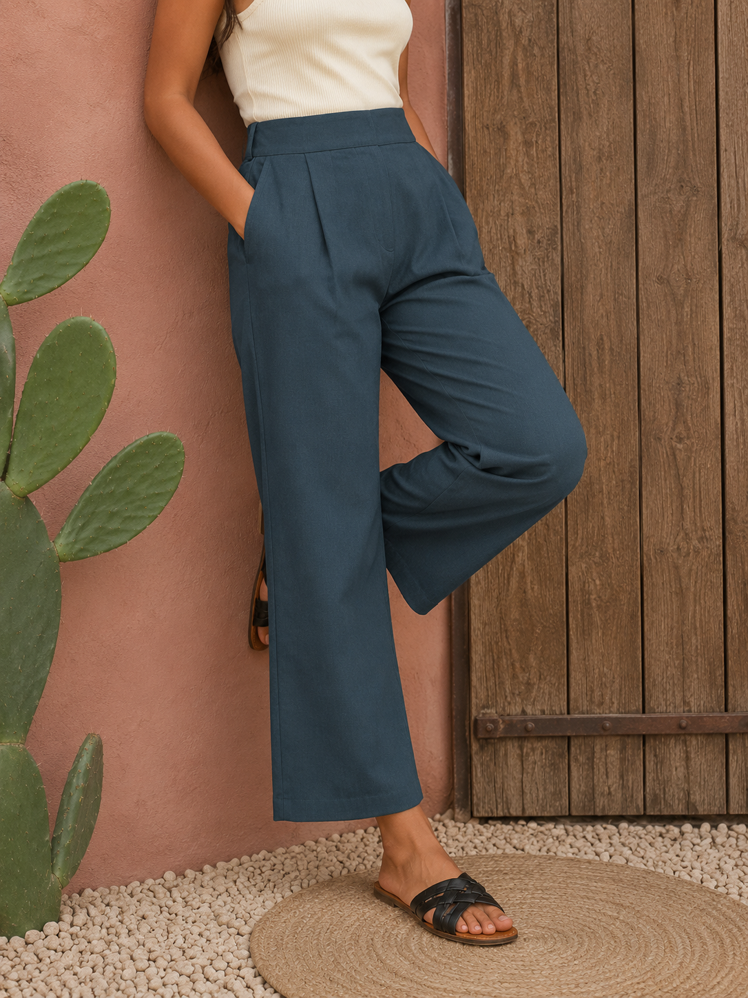 Wide-Leg Trousers Crimson Linen-Look High-Waist Trousers | Miss Kapachi