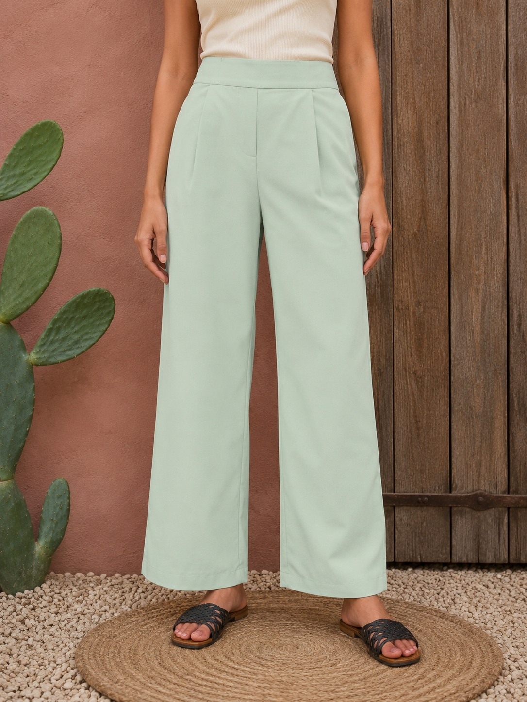 Wide-Leg Trousers Crimson Linen-Look High-Waist Trousers | Miss Kapachi