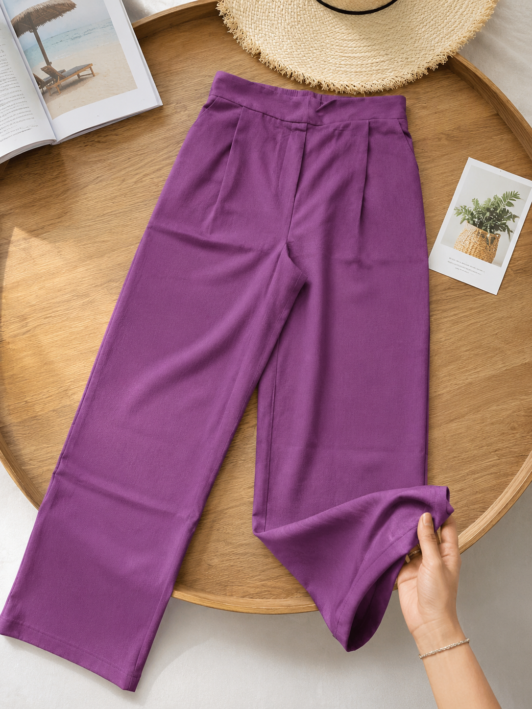 Wide-Leg Trousers Crimson Linen-Look High-Waist Trousers | Miss Kapachi