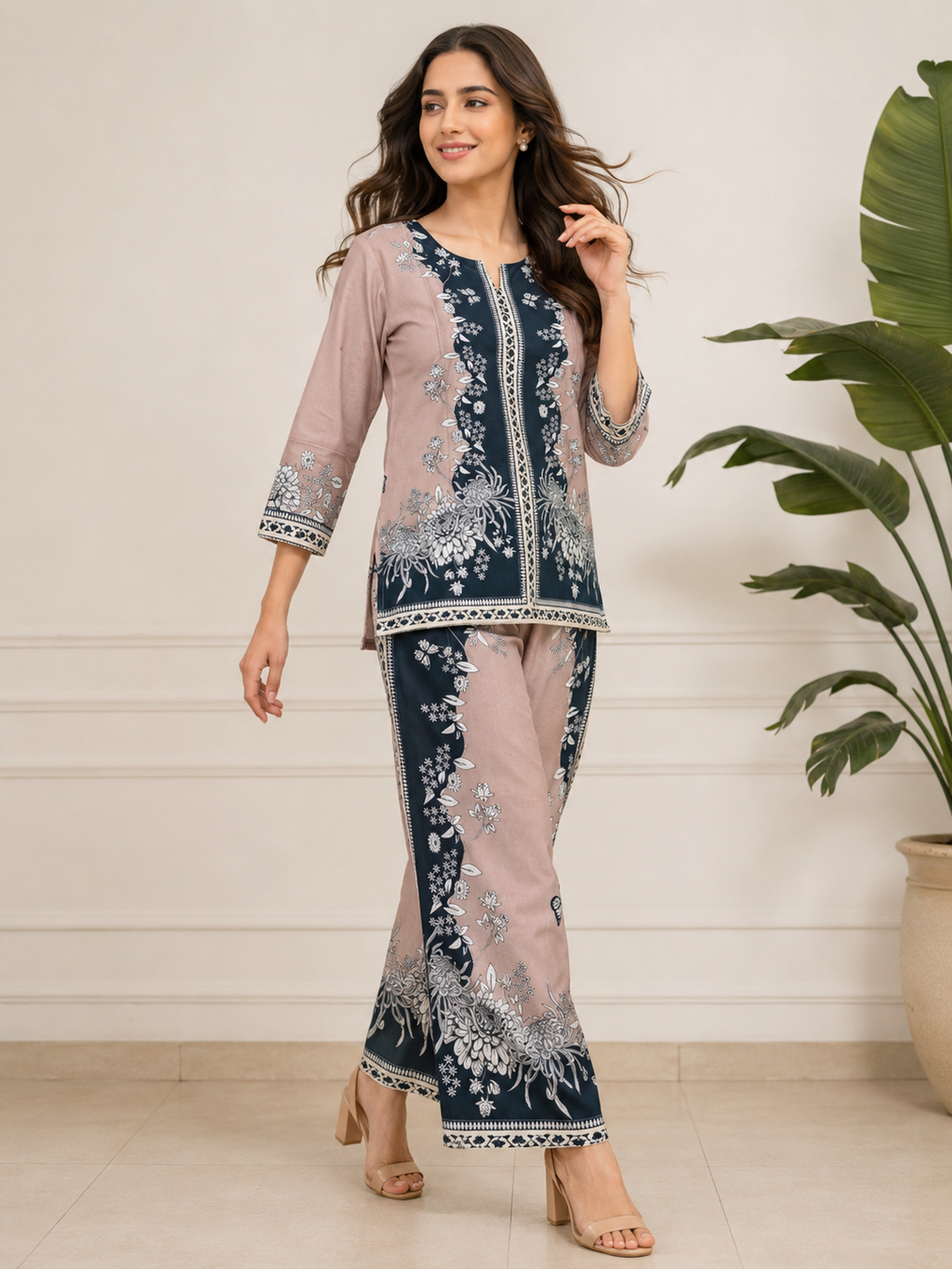 Blush Pink & Black Chrysanthemum Butterfly Print Ethnic Co-ord Set | Miss Kapachi