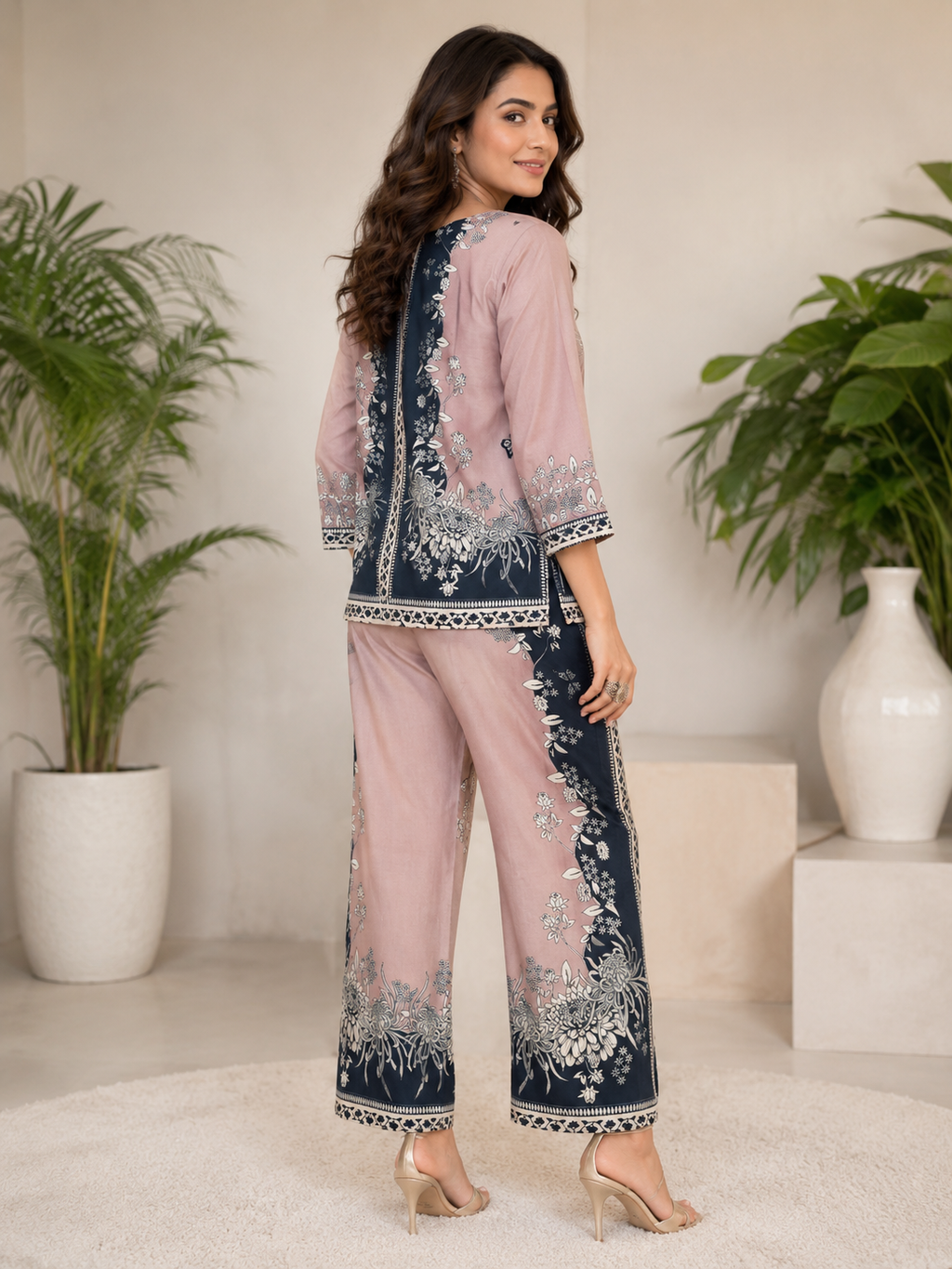 Blush Pink & Black Chrysanthemum Butterfly Print Ethnic Co-ord Set | Miss Kapachi
