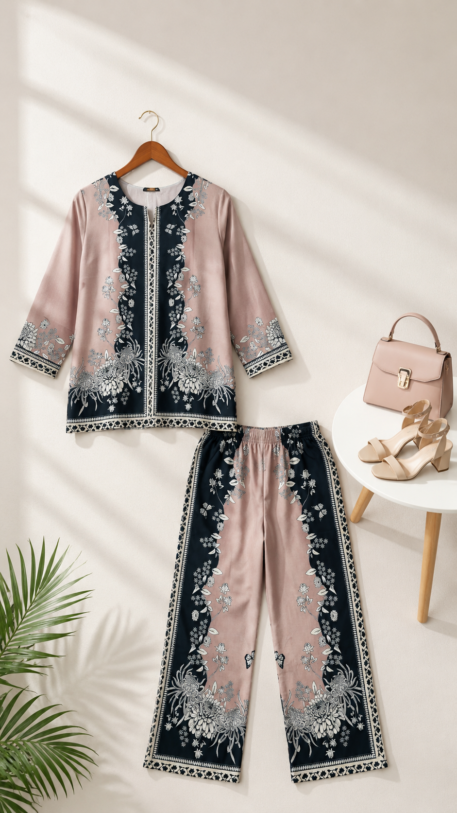 Blush Pink & Black Chrysanthemum Butterfly Print Ethnic Co-ord Set | Miss Kapachi