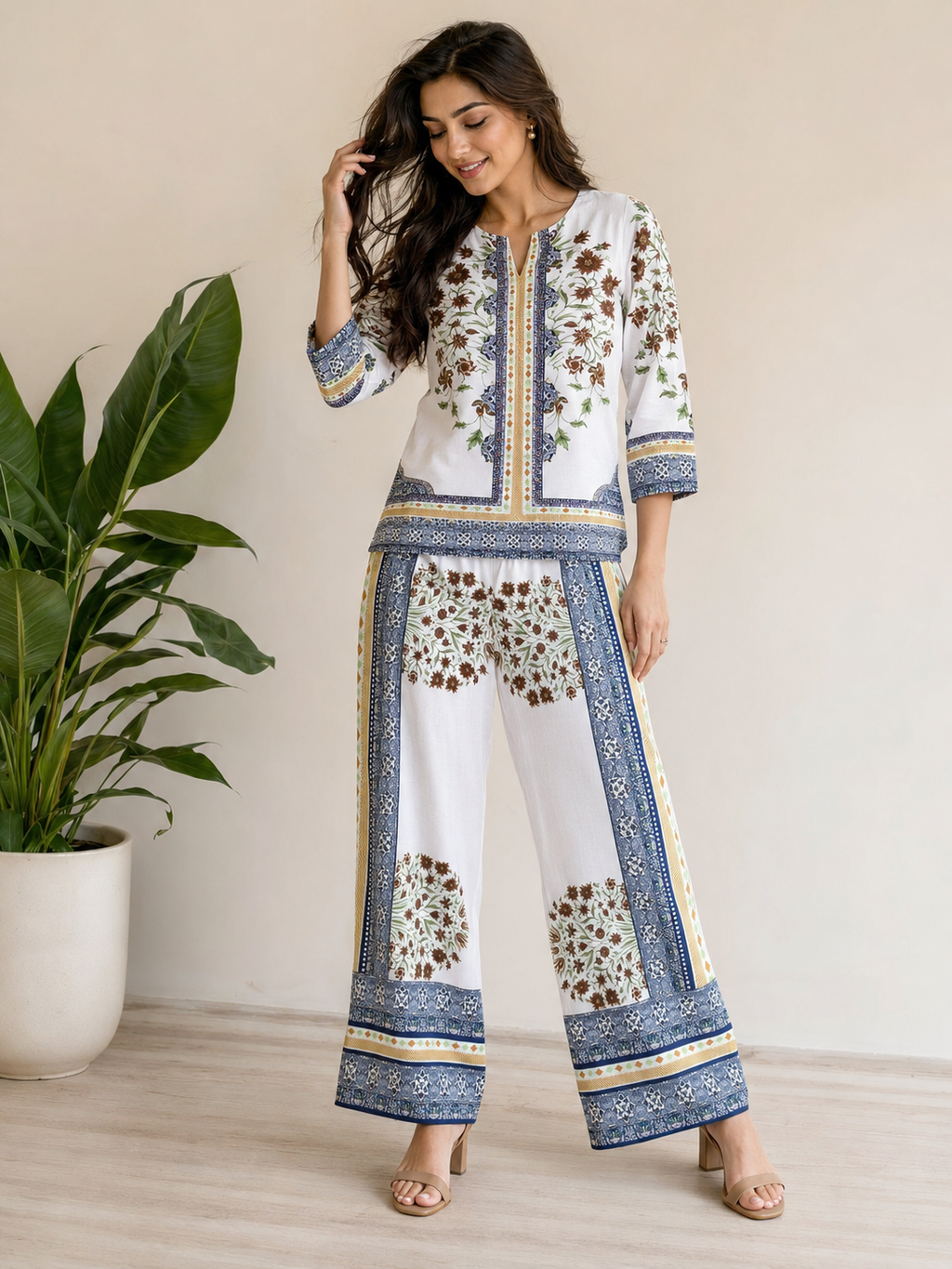 White Sunflower & Blue Geometric Border Print Ethnic Co-Ord Set | Miss Kapachi