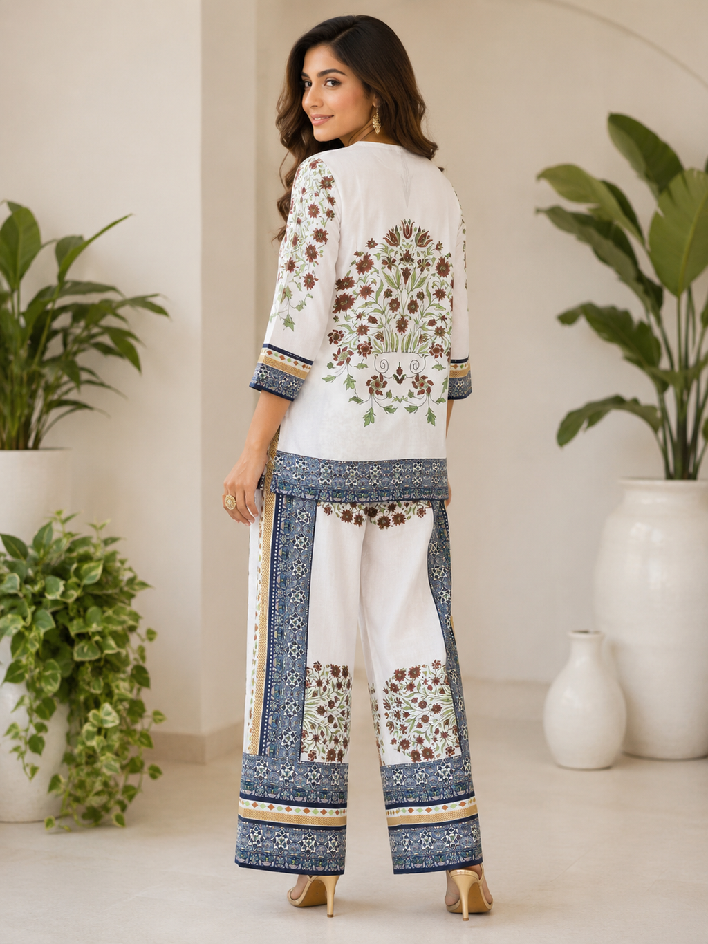 White Sunflower & Blue Geometric Border Print Ethnic Co-Ord Set | Miss Kapachi