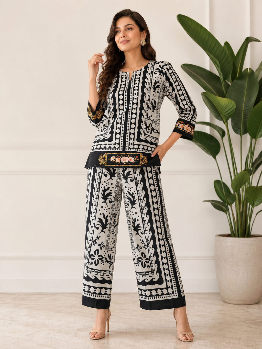 Black & White Tribal Baroque Print Ethnic Fusion Co-Ord Set | Miss Kapachi