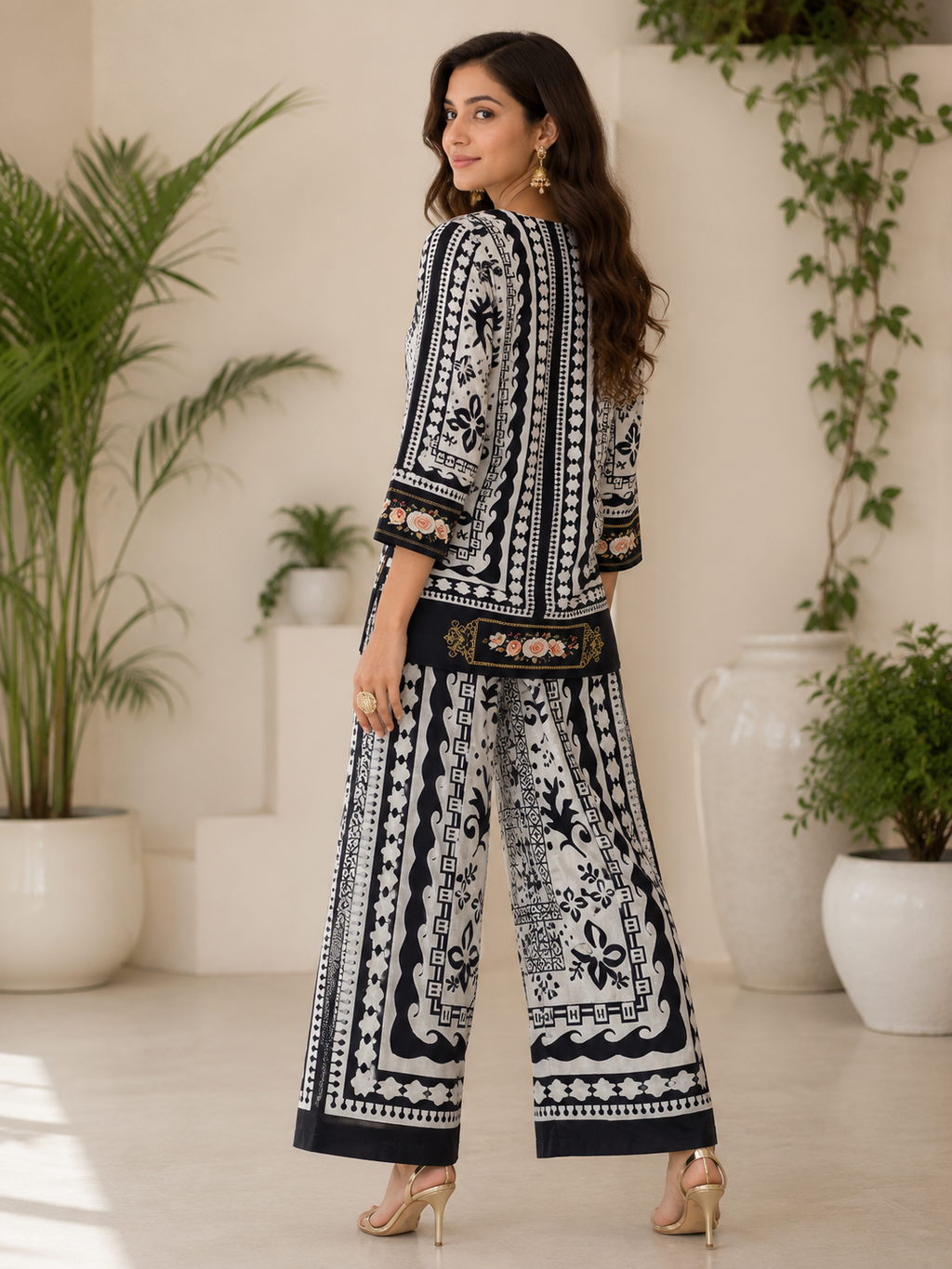 Black & White Tribal Baroque Print Ethnic Fusion Co-Ord Set | Miss Kapachi
