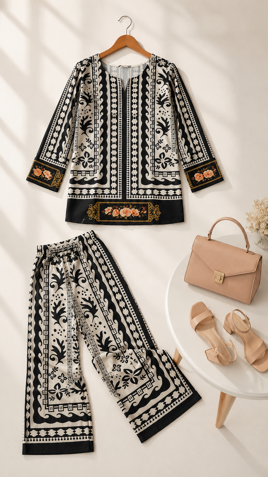 Black & White Tribal Baroque Print Ethnic Fusion Co-Ord Set | Miss Kapachi