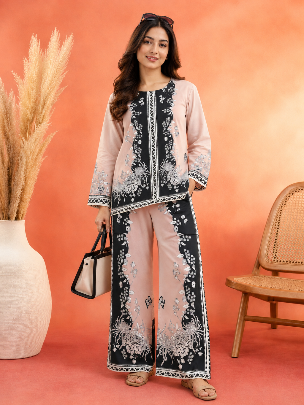 Blush Pink & Charcoal Chrysanthemum Butterfly Print Ethnic Co-Ord Set | Miss Kapachi