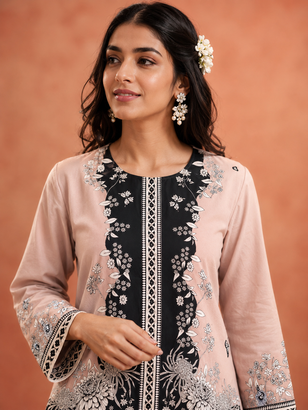 Blush Pink & Charcoal Chrysanthemum Butterfly Print Ethnic Co-Ord Set | Miss Kapachi