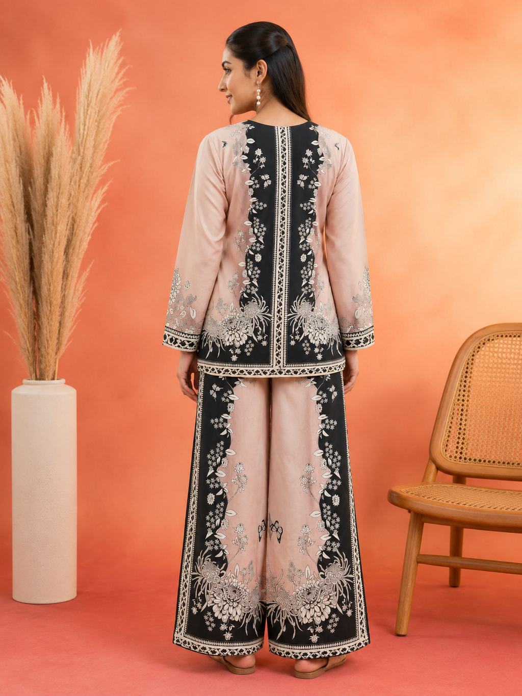 Blush Pink & Charcoal Chrysanthemum Butterfly Print Ethnic Co-Ord Set | Miss Kapachi
