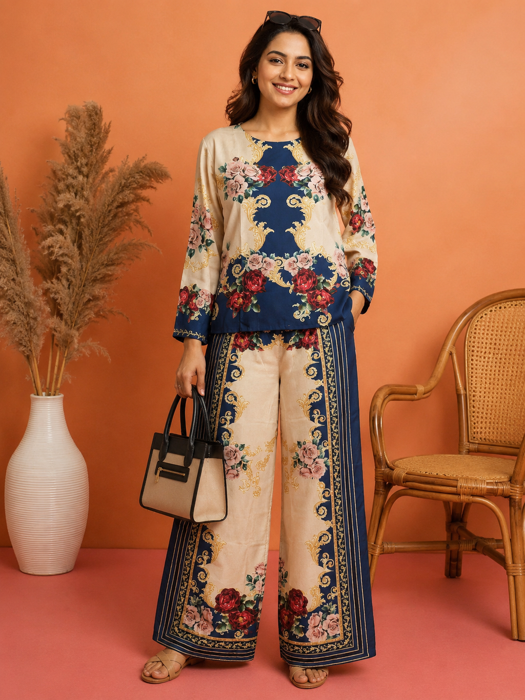 Navy Blue & Ivory Baroque Rose Print Round Neck Ethnic Co-Ord Set | Miss Kapachi