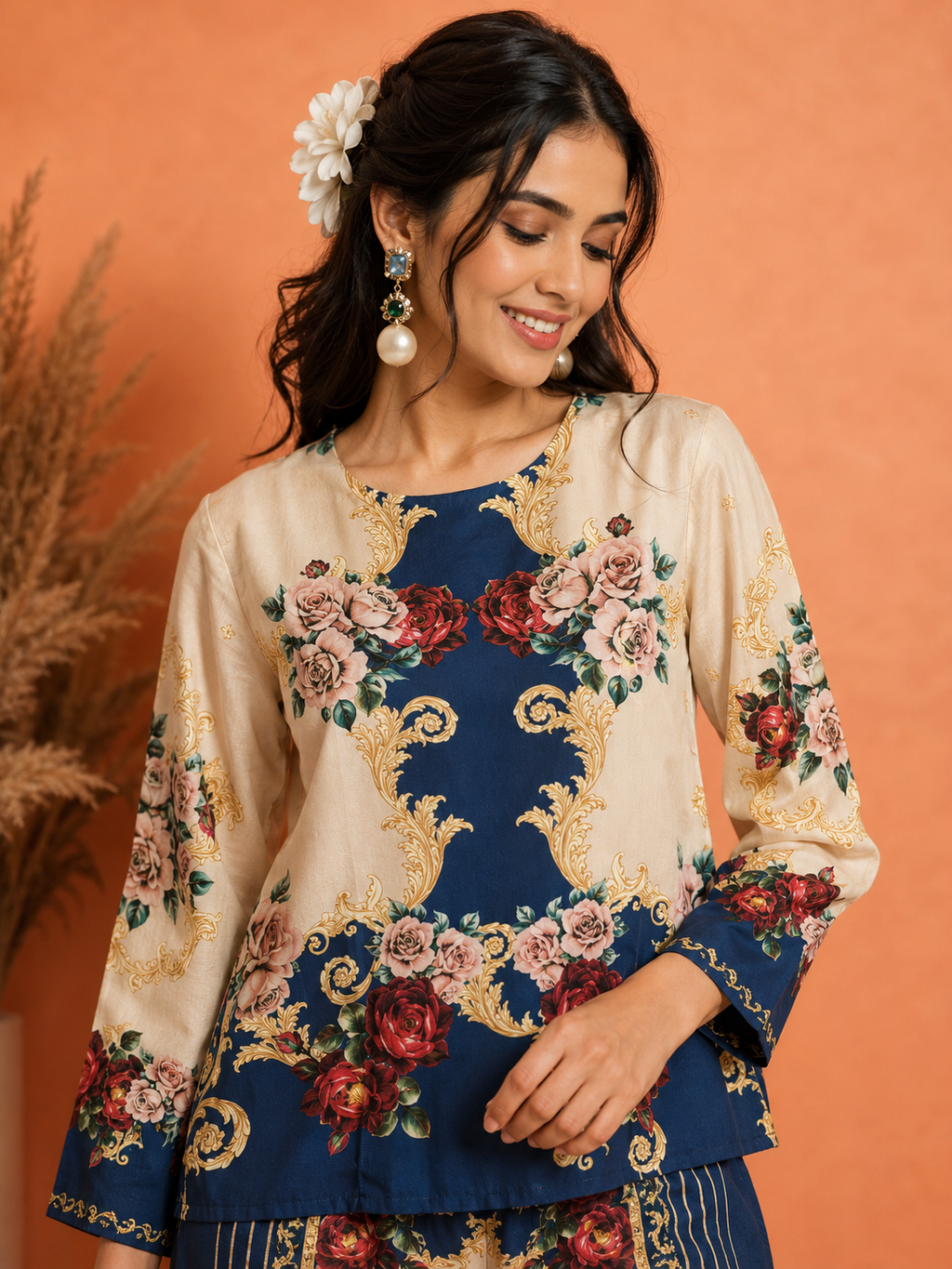 Navy Blue & Ivory Baroque Rose Print Round Neck Ethnic Co-Ord Set | Miss Kapachi