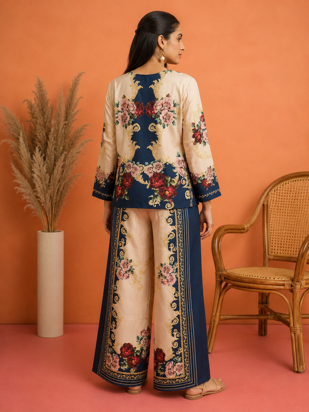 Navy Blue & Ivory Baroque Rose Print Round Neck Ethnic Co-Ord Set | Miss Kapachi