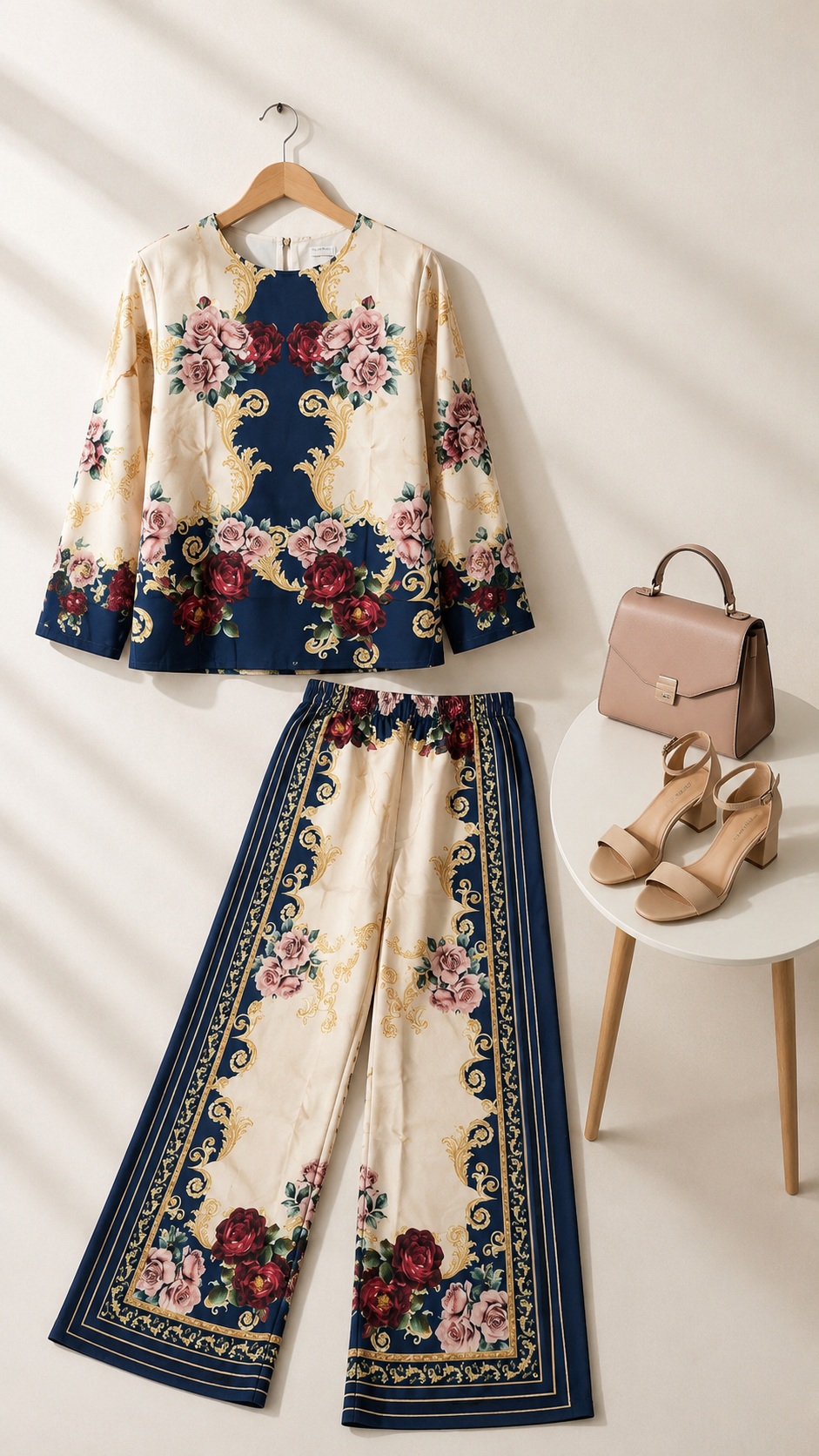Navy Blue & Ivory Baroque Rose Print Round Neck Ethnic Co-Ord Set | Miss Kapachi