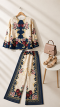 Navy Blue & Ivory Baroque Rose Print Round Neck Ethnic Co-Ord Set | Miss Kapachi