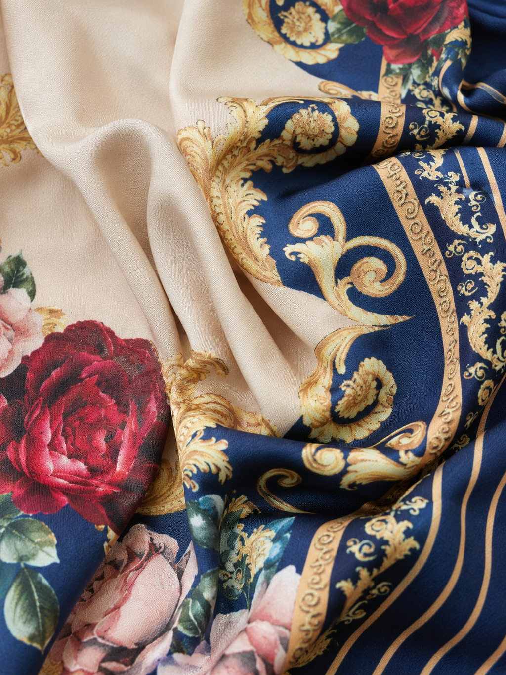 Navy Blue & Ivory Baroque Rose Print Round Neck Ethnic Co-Ord Set | Miss Kapachi