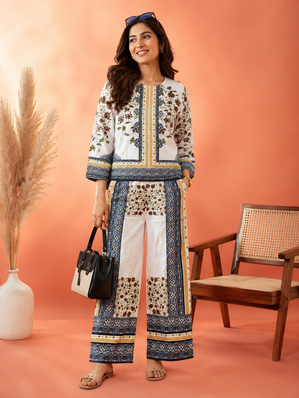 White Sunflower & Blue Geometric Border Print Ethnic Co-Ord Set | Miss Kapachi
