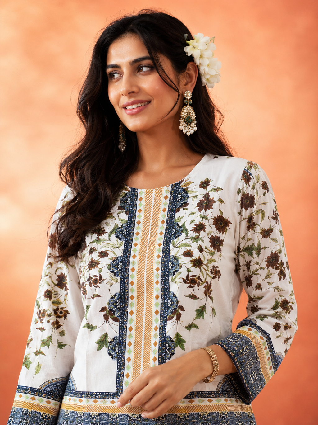 White Sunflower & Blue Geometric Border Print Ethnic Co-Ord Set | Miss Kapachi