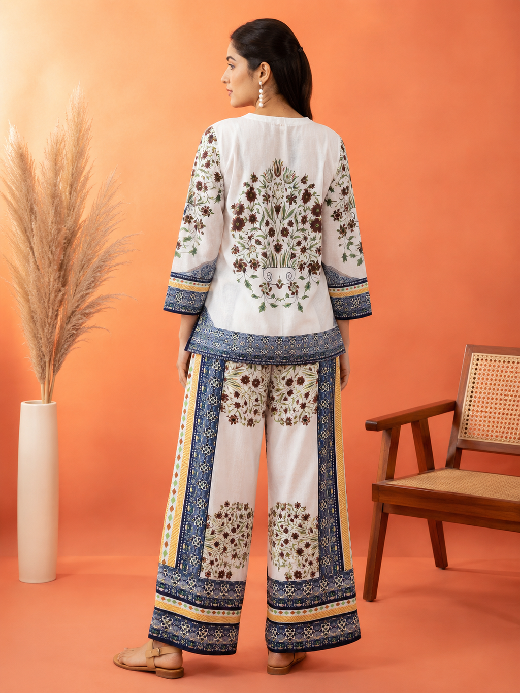 White Sunflower & Blue Geometric Border Print Ethnic Co-Ord Set | Miss Kapachi