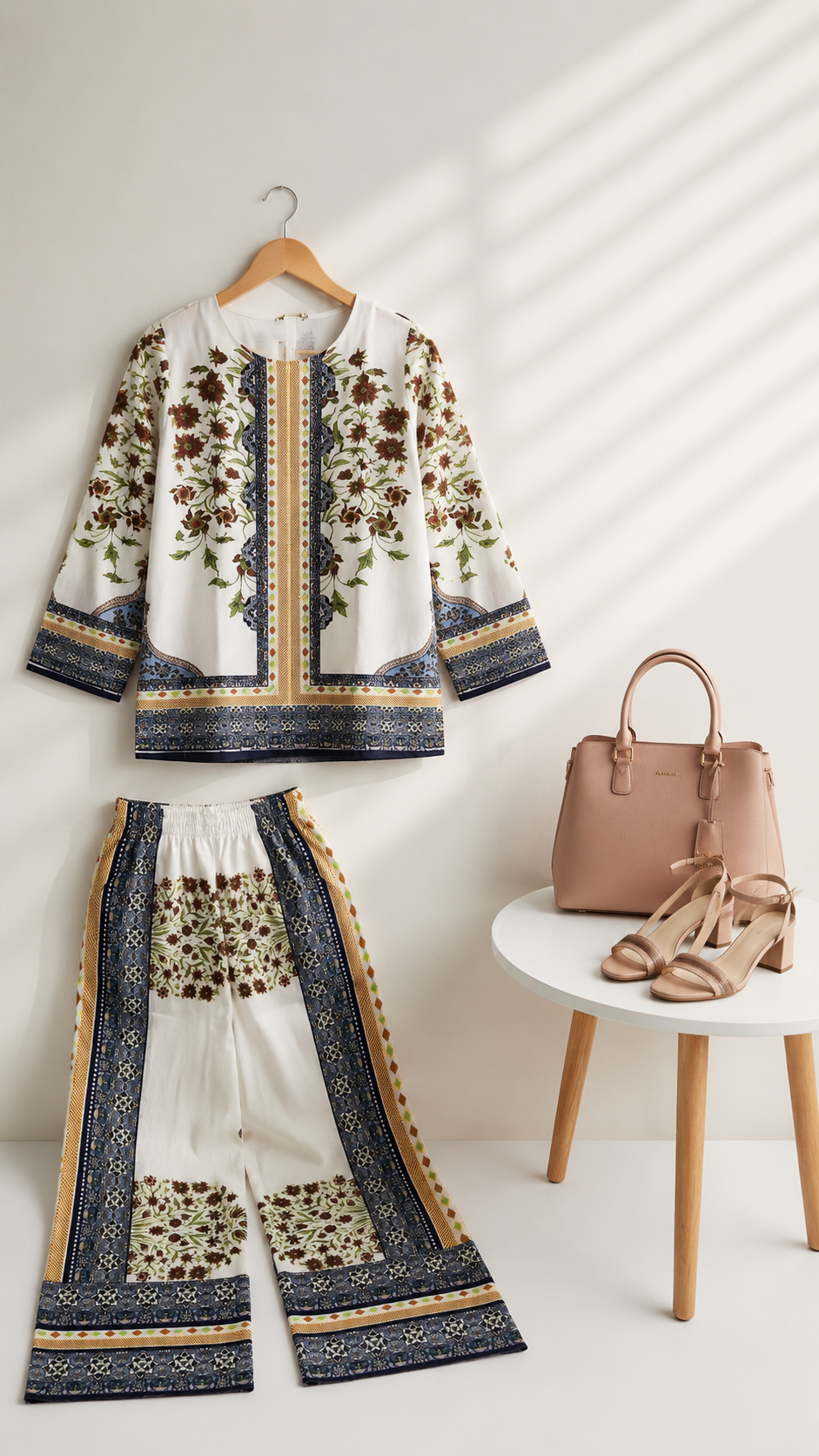 White Sunflower & Blue Geometric Border Print Ethnic Co-Ord Set | Miss Kapachi