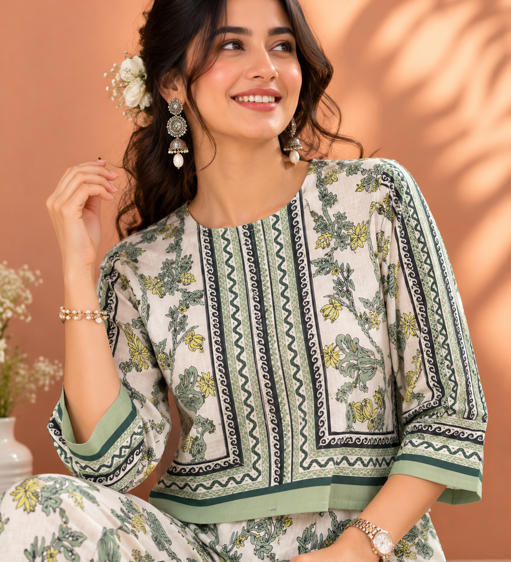 Cream & Mint Green Jaal Floral Block Print Ethnic Co-Ord Set | Miss Kapachi