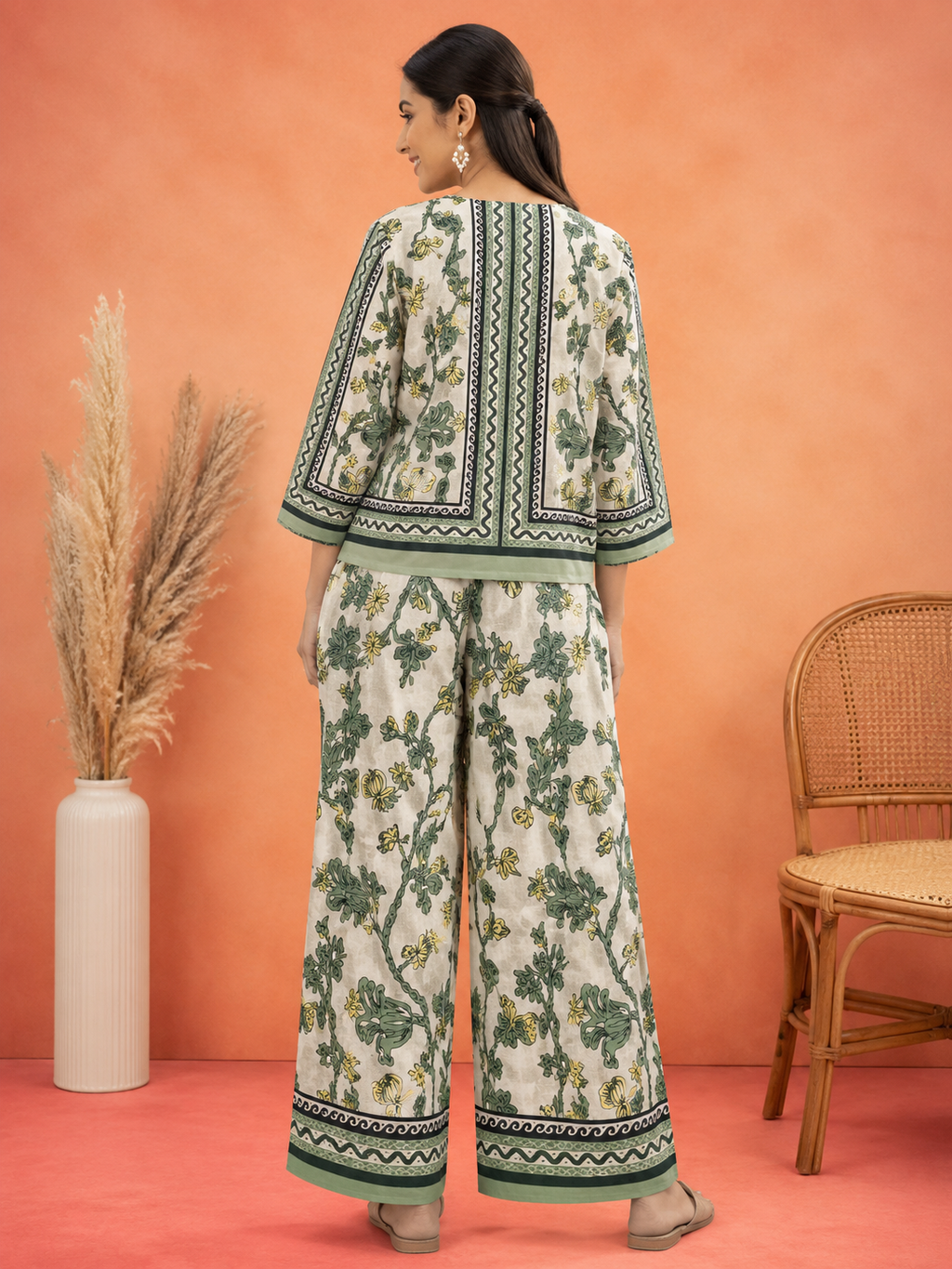 Cream & Mint Green Jaal Floral Block Print Ethnic Co-Ord Set | Miss Kapachi