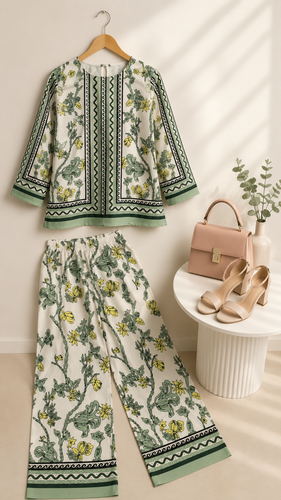 Cream & Mint Green Jaal Floral Block Print Ethnic Co-Ord Set | Miss Kapachi