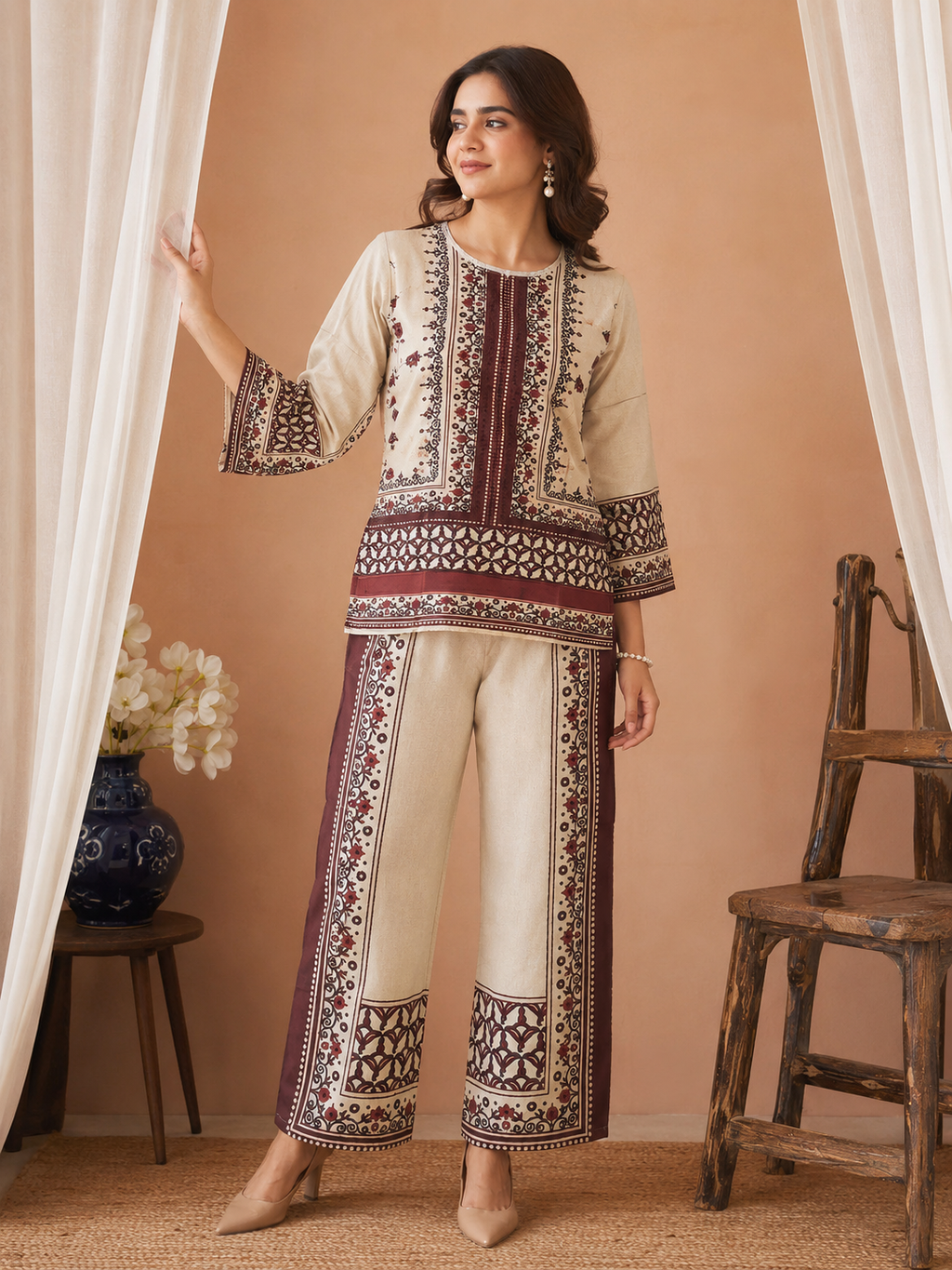 Beige & Maroon Mughal Floral Print Ethnic Fusion Co-Ord Set | Miss Kapachi