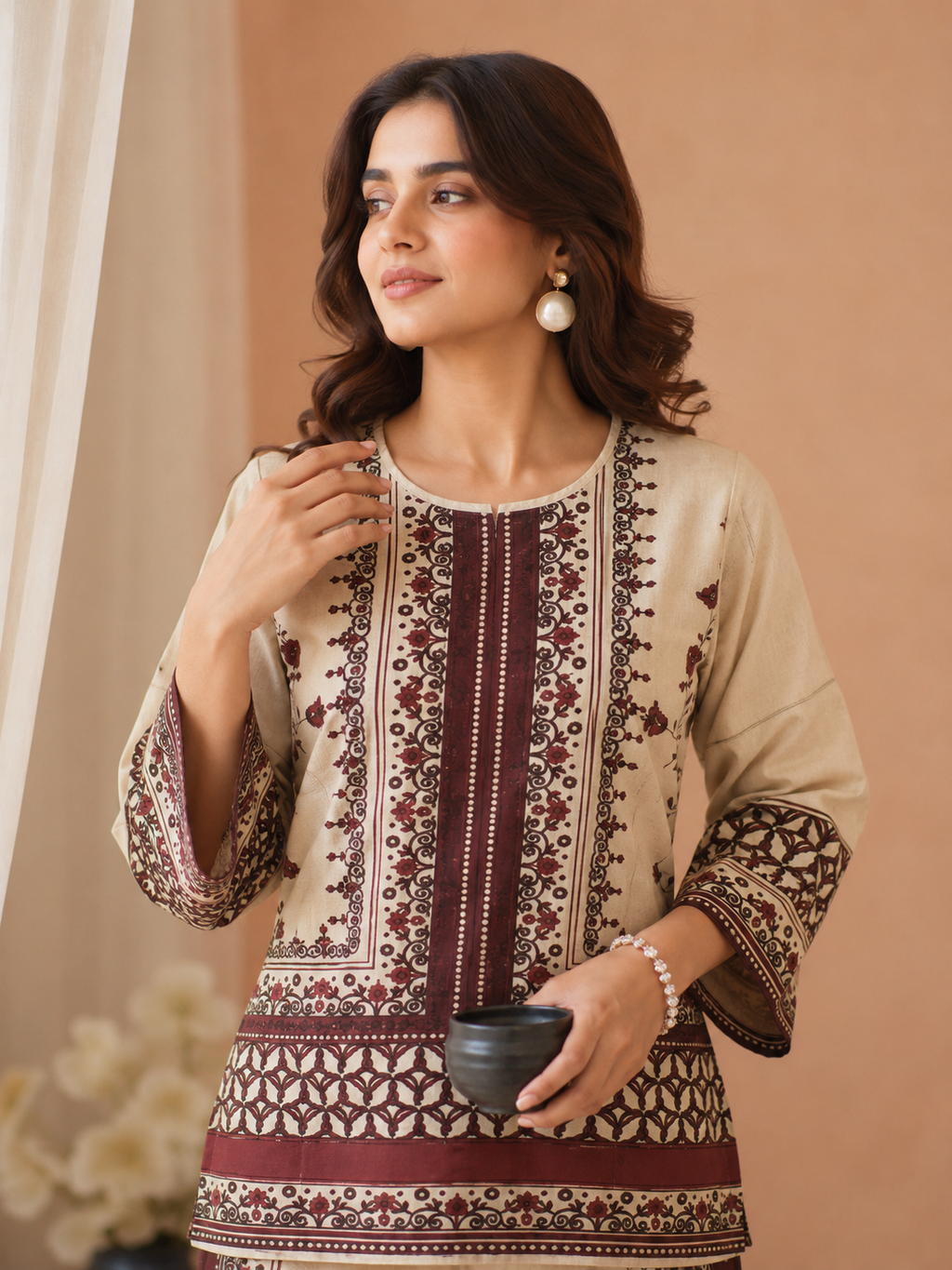 Beige & Maroon Mughal Floral Print Ethnic Fusion Co-Ord Set | Miss Kapachi