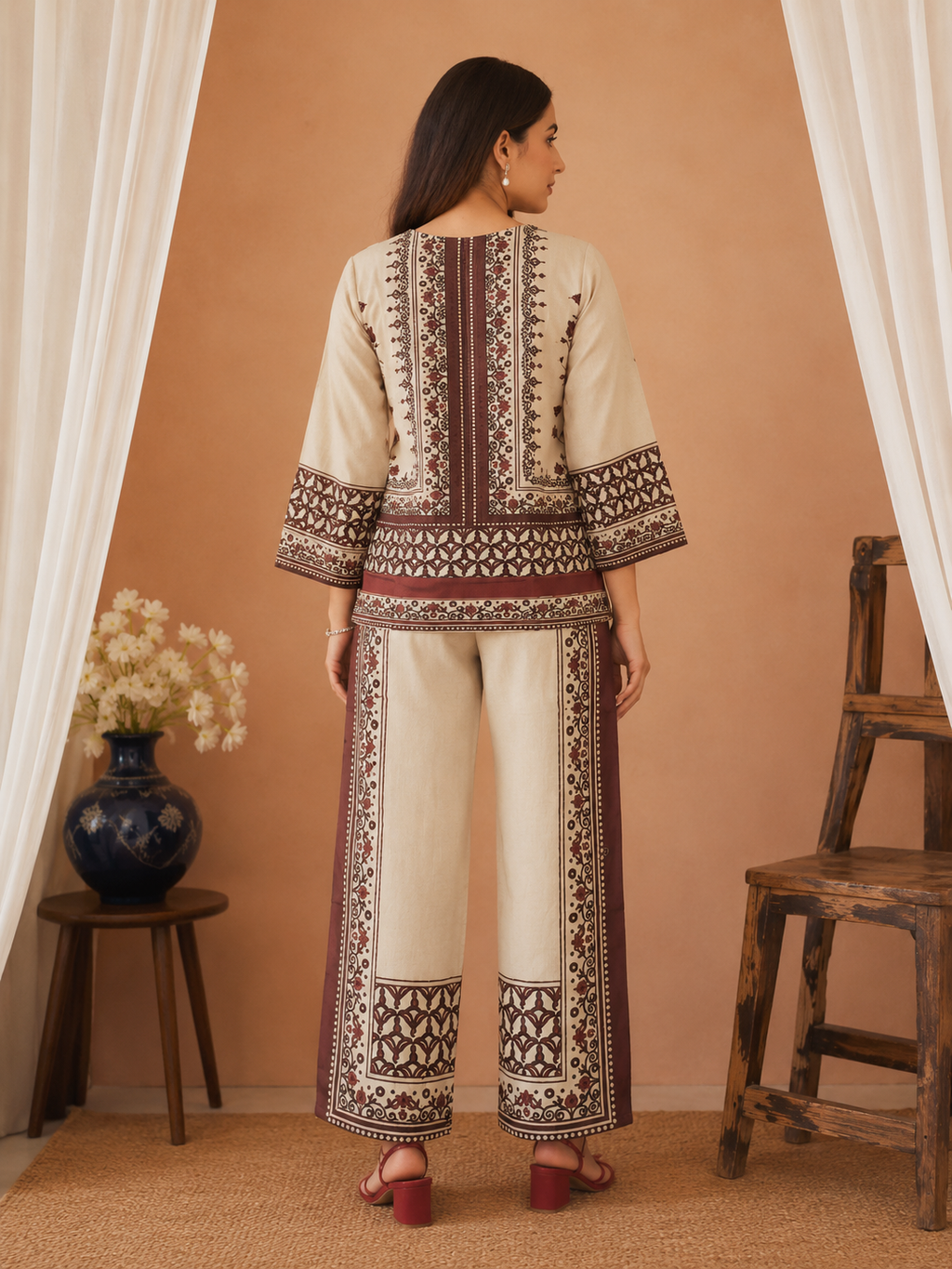 Beige & Maroon Mughal Floral Print Ethnic Fusion Co-Ord Set | Miss Kapachi