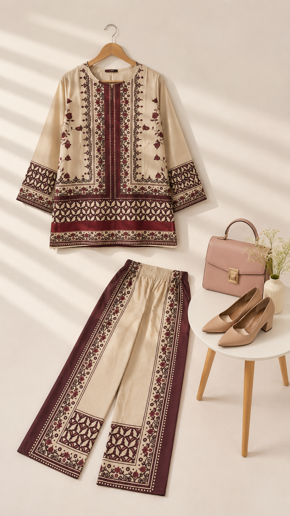 Beige & Maroon Mughal Floral Print Ethnic Fusion Co-Ord Set | Miss Kapachi