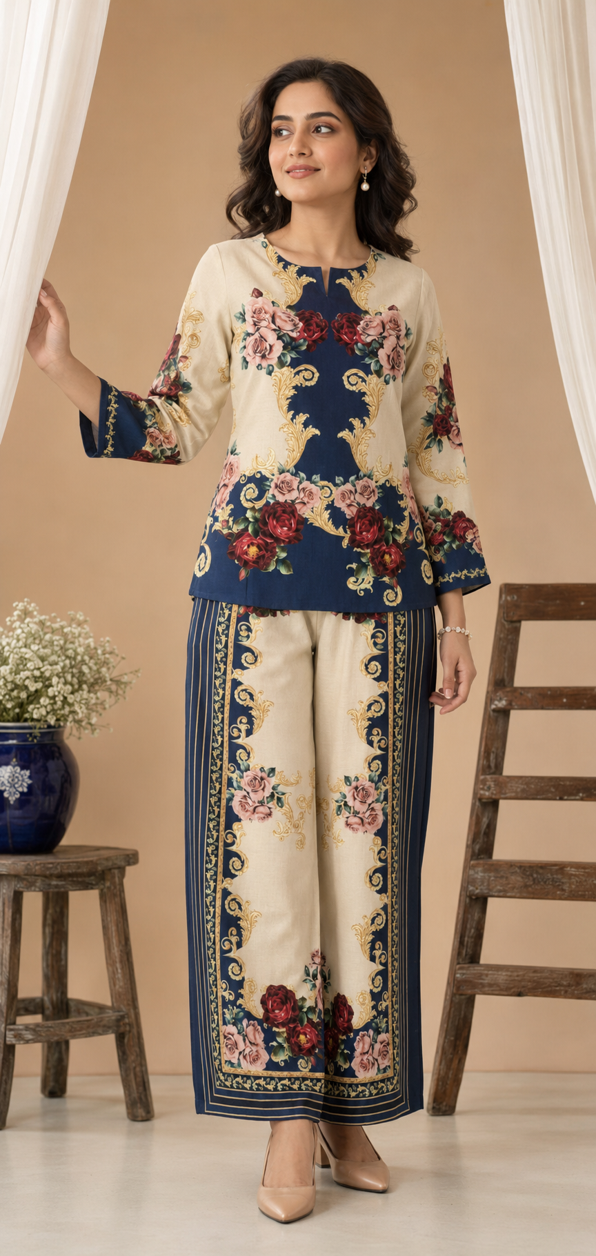 Navy Blue & Cream Baroque Rose Print Ethnic Fusion Co-Ord Set | Miss Kapachi