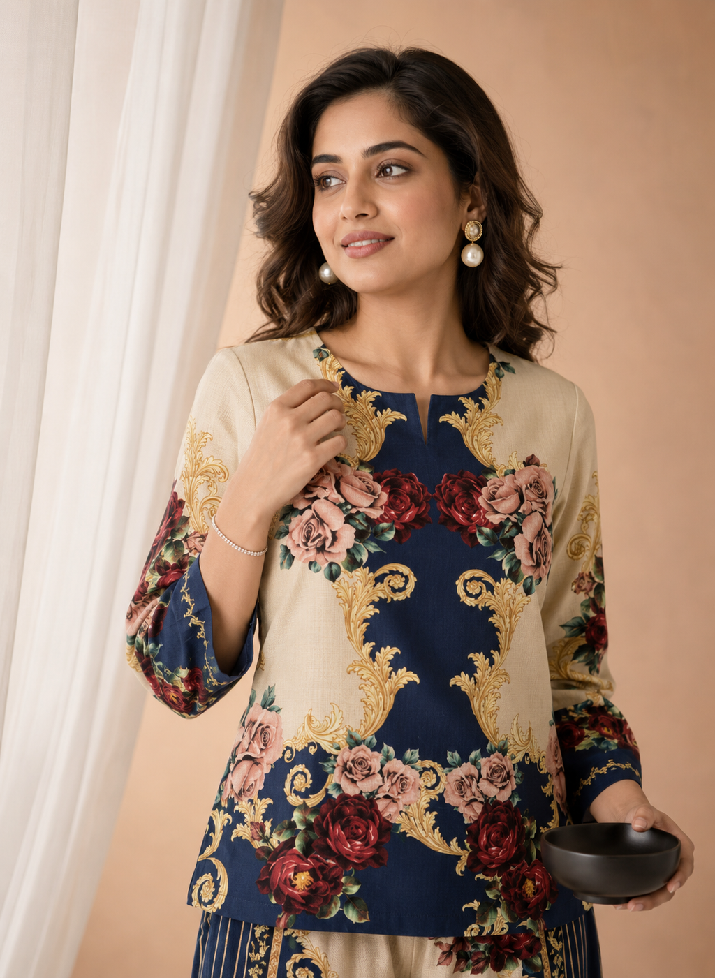 Navy Blue & Cream Baroque Rose Print Ethnic Fusion Co-Ord Set | Miss Kapachi