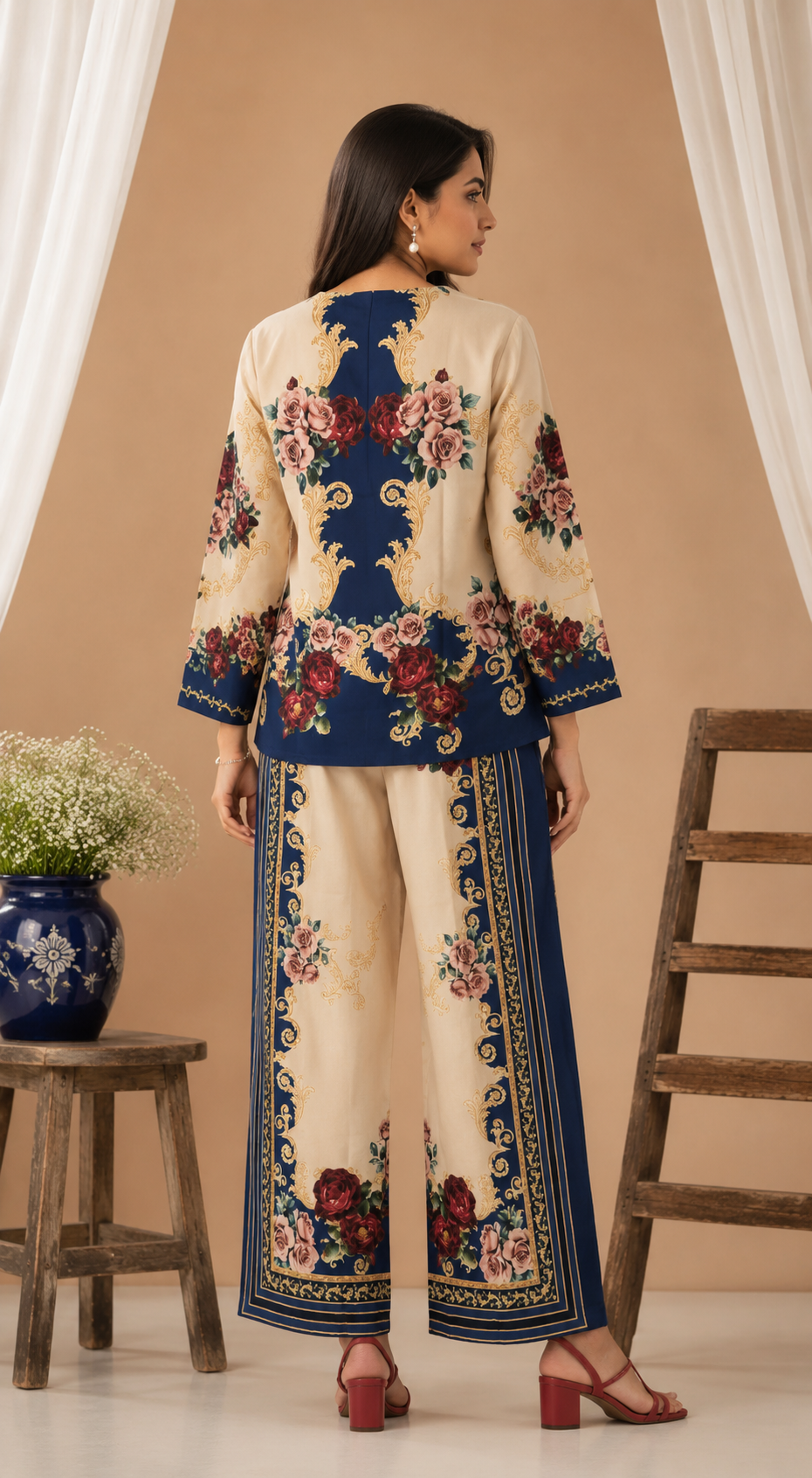 Navy Blue & Cream Baroque Rose Print Ethnic Fusion Co-Ord Set | Miss Kapachi