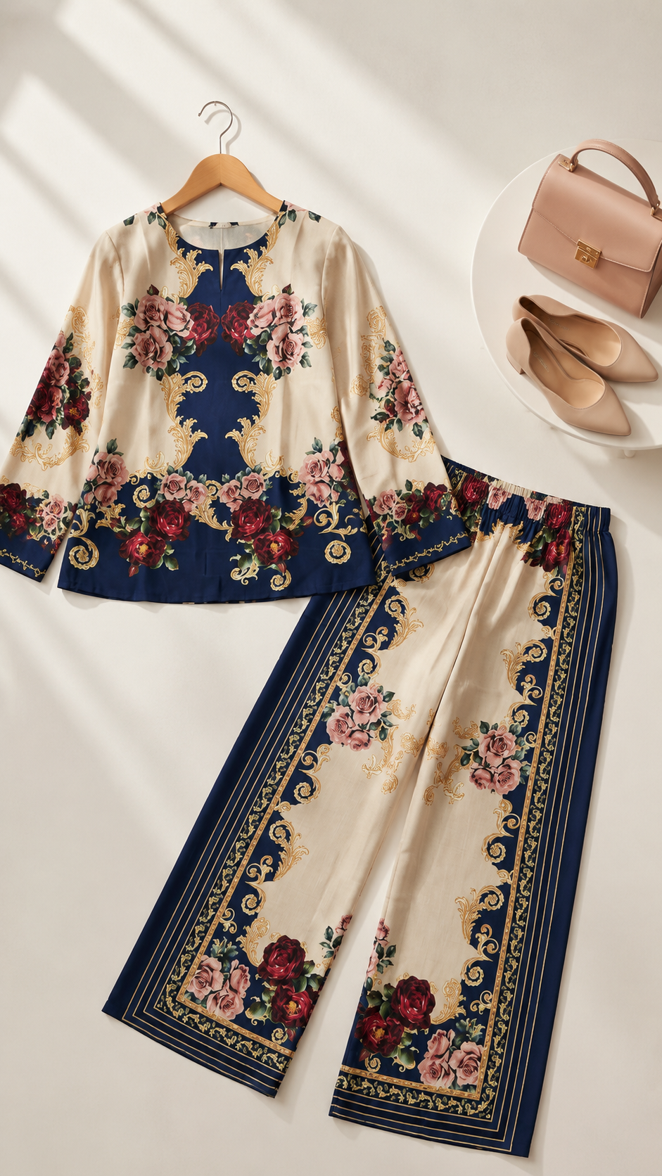 Navy Blue & Cream Baroque Rose Print Ethnic Fusion Co-Ord Set | Miss Kapachi