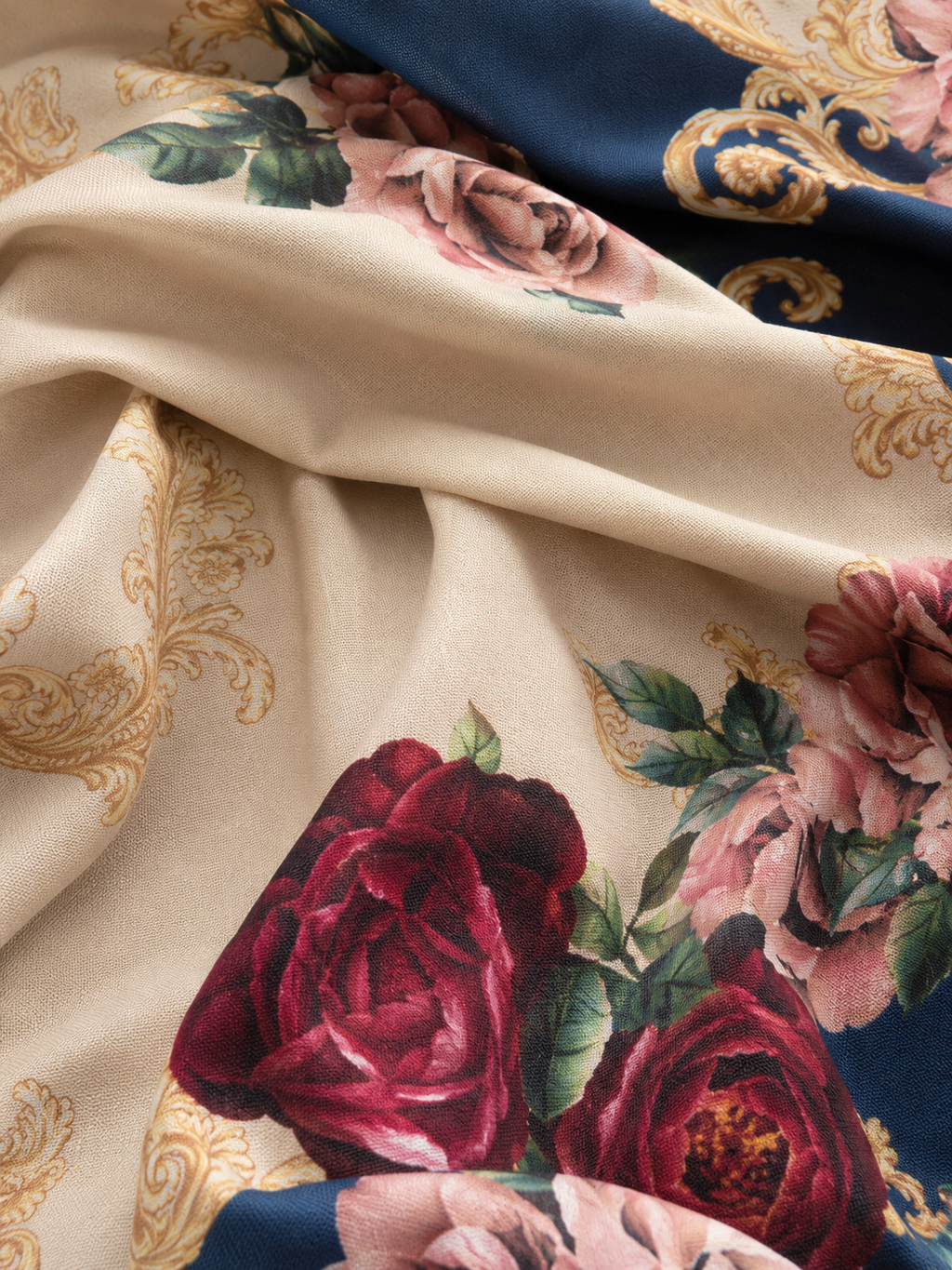 Navy Blue & Cream Baroque Rose Print Ethnic Fusion Co-Ord Set | Miss Kapachi