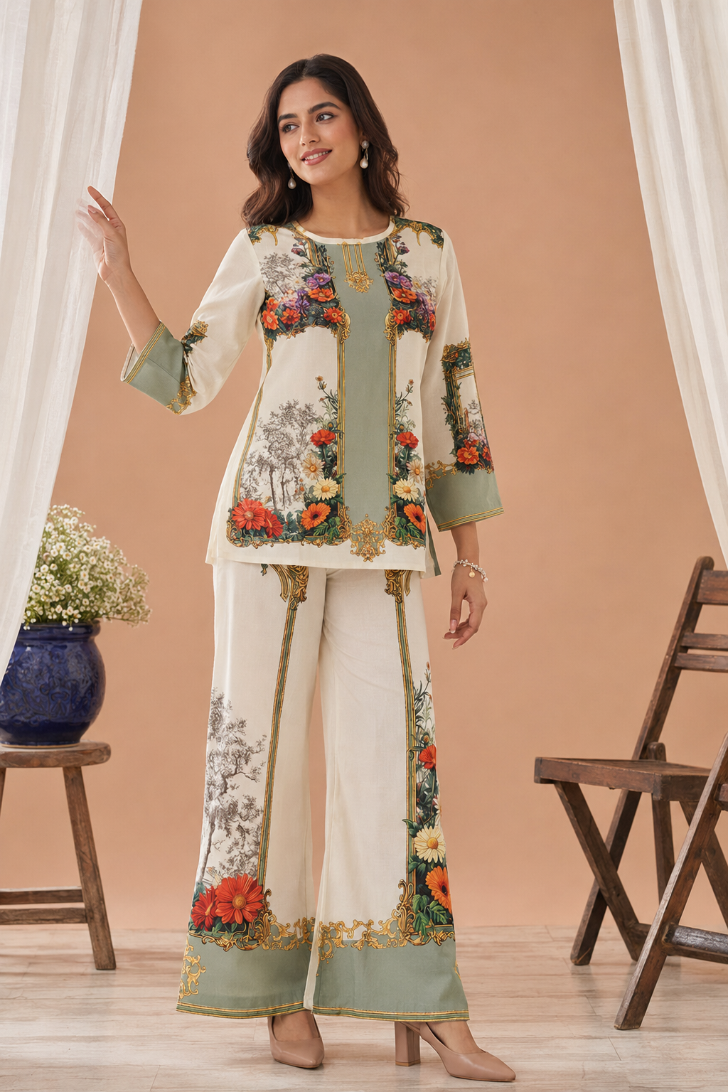 Ivory Baroque Garden Floral Digital Print Ethnic Co-Ord Set | Miss Kapachi