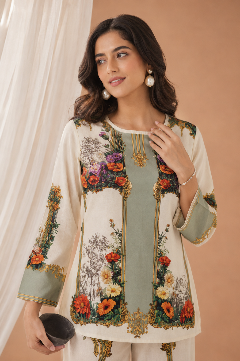 Ivory Baroque Garden Floral Digital Print Ethnic Co-Ord Set | Miss Kapachi