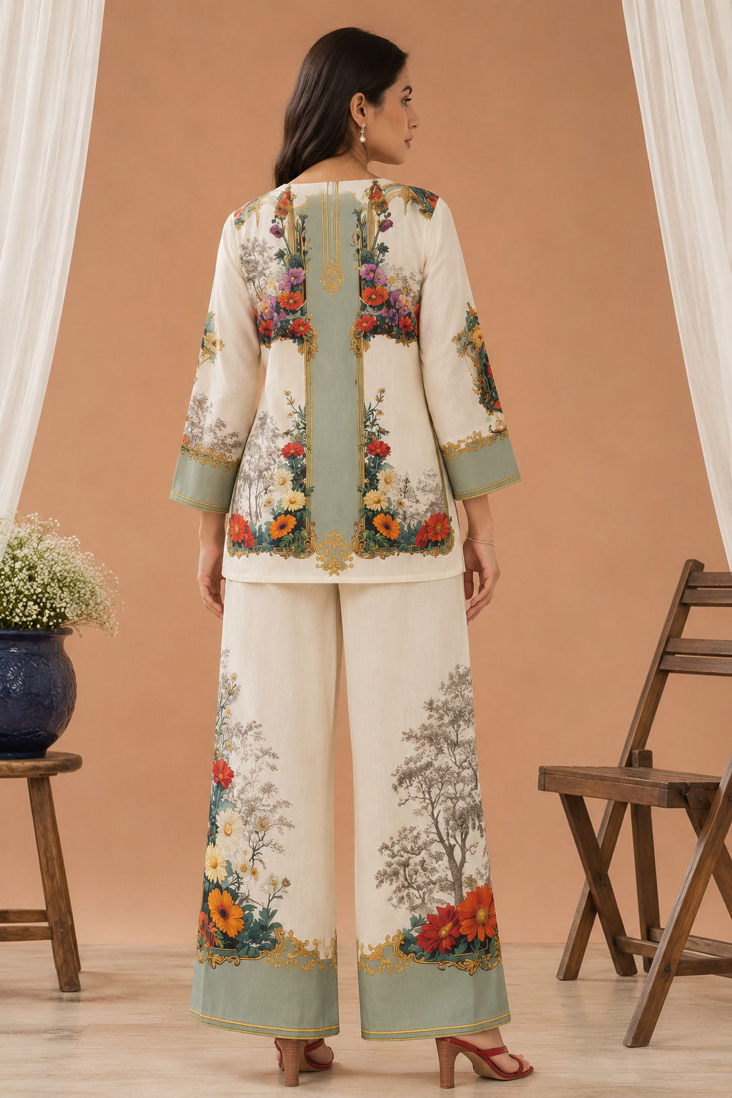 Ivory Baroque Garden Floral Digital Print Ethnic Co-Ord Set | Miss Kapachi