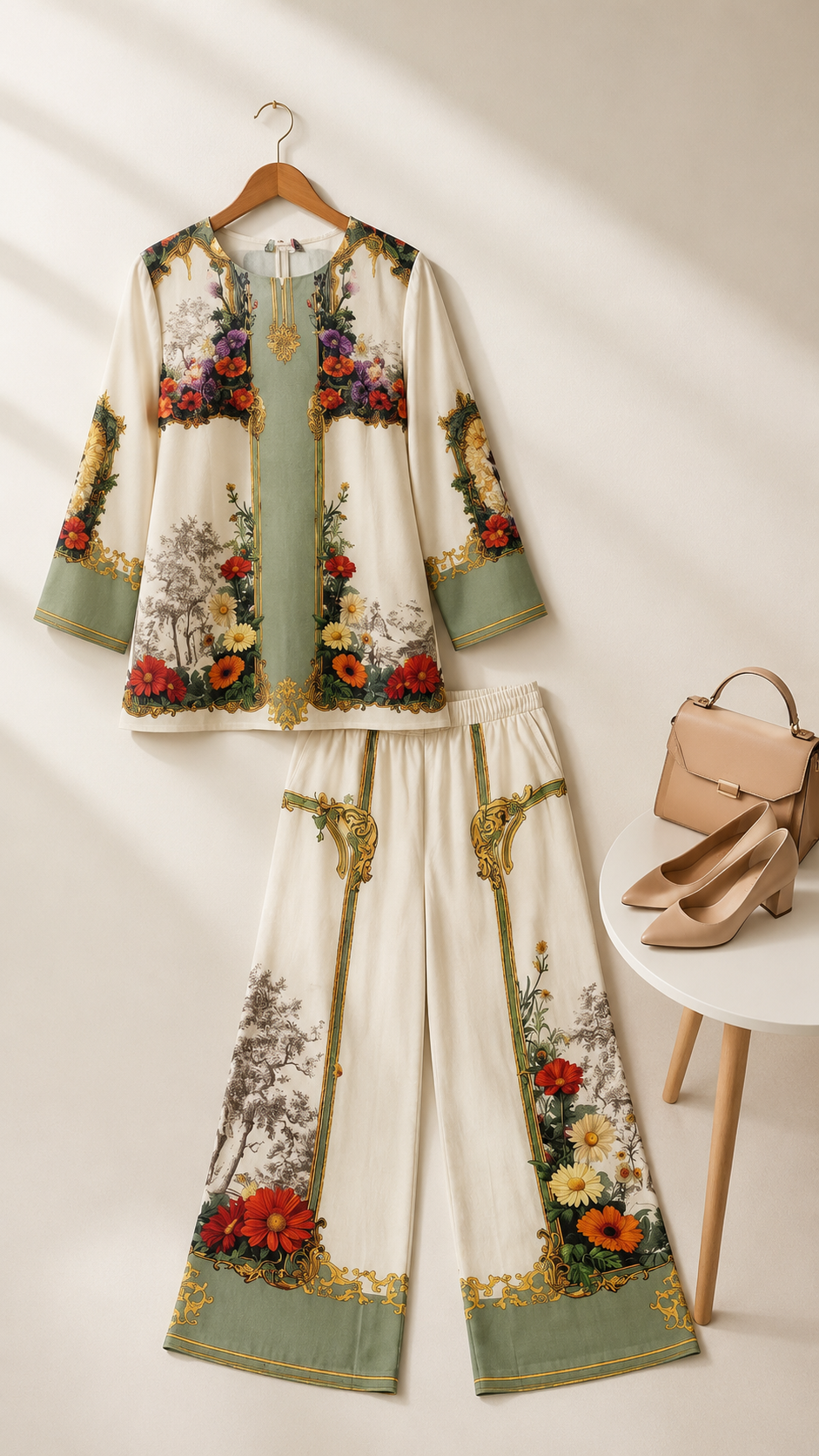 Ivory Baroque Garden Floral Digital Print Ethnic Co-Ord Set | Miss Kapachi
