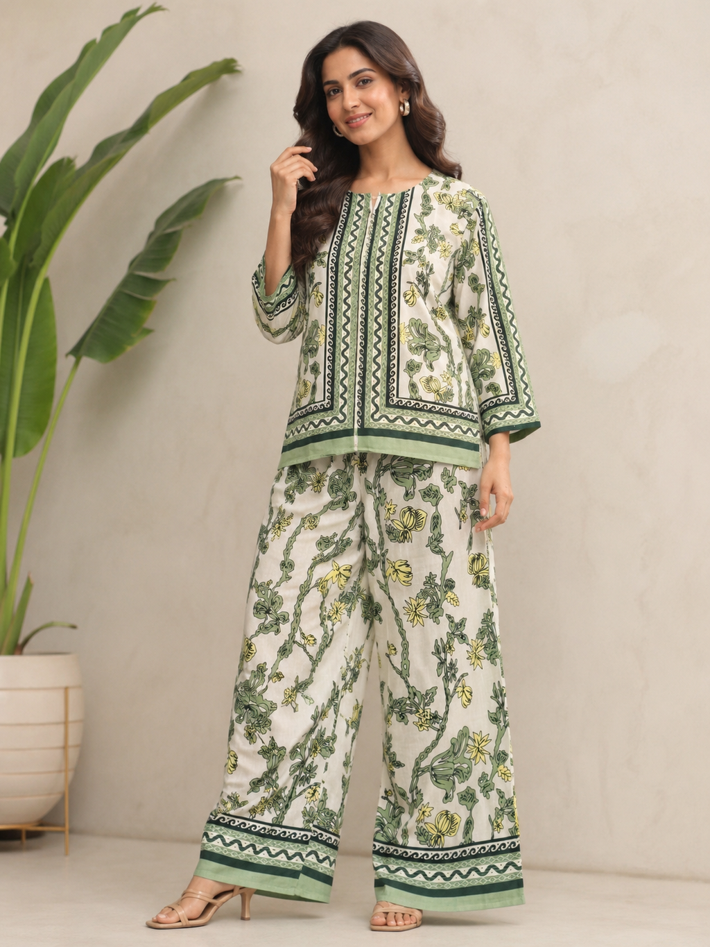 Cream & Sage Green Jaal Floral Block Print Ethnic Co-Ord Set – Kurta & Wide Leg Palazzo | Miss Kapachi