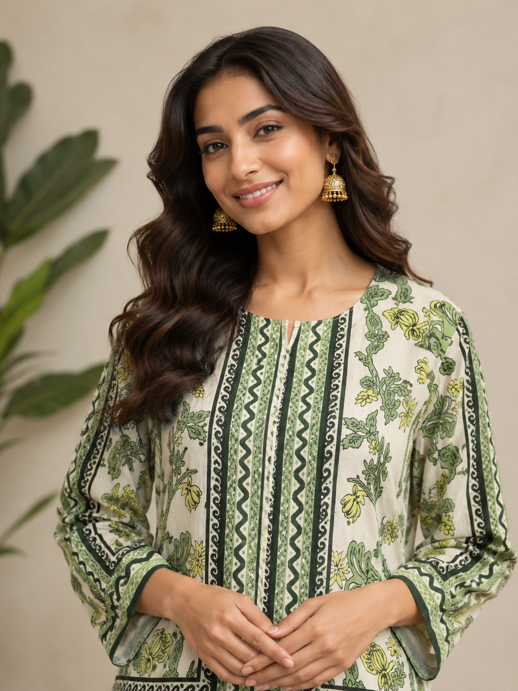 Cream & Sage Green Jaal Floral Block Print Ethnic Co-Ord Set – Kurta & Wide Leg Palazzo | Miss Kapachi